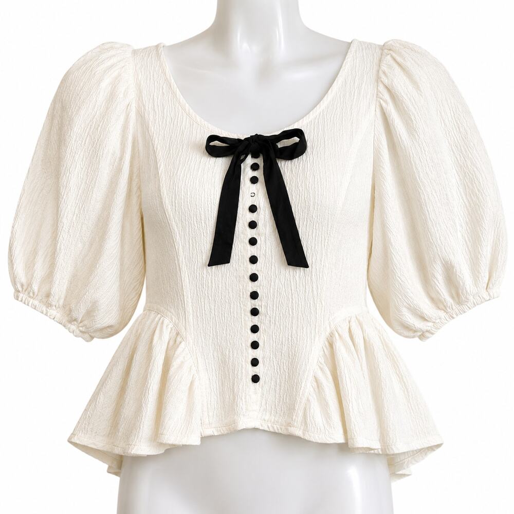 Free People NWT Cream Peplum Blouse Women's XL Textured Puff Sleeve Bow Top